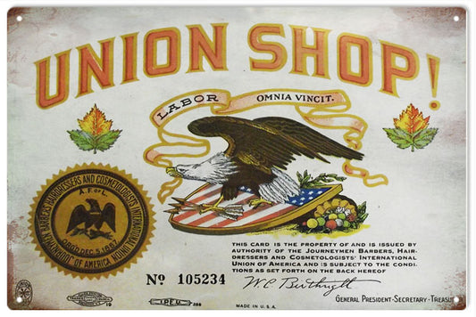 Union Shop Barber Shop Vintage Style Metal Sign 12 x 18