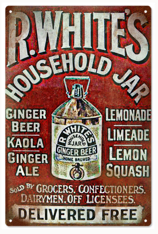 R. White Household Jar Ginger Beer Vintage Style Metal Sign 12 x 18