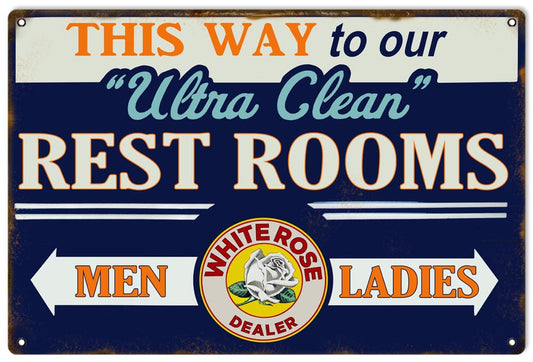 Ultra Clean Rest Rooms White Rose Dealer Vintage Style Metal Sign 12 x 18