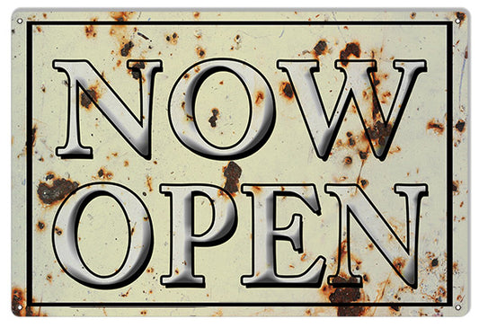 Now Open Vintage Style Metal Sign 12 × 18