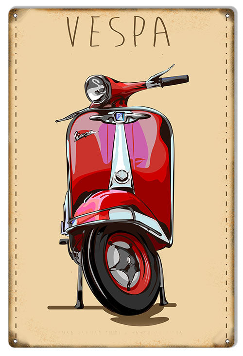 Red Vespa Motor Bicycle 12x18