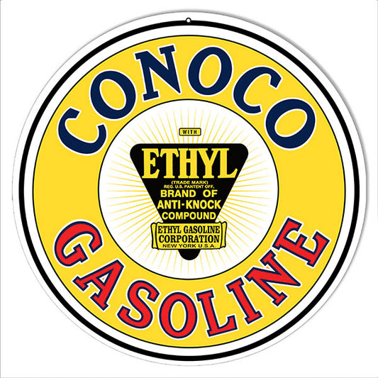 Yellow Conoco Ethyl Gasoline Motor Oil 14 x 14