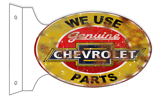 We Use Genuine Chevrolet Parts Double Sided Flange Vintage Style Metal Sign 12 × 18
