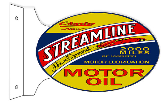 Charles Streamline Motor Oil Double Sided Flange Vintage Style Metal Sign 12 × 18