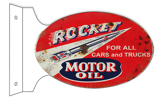 Rocket Motor Oil Double Sided Flange Vintage Style Metal Sign 12 × 18