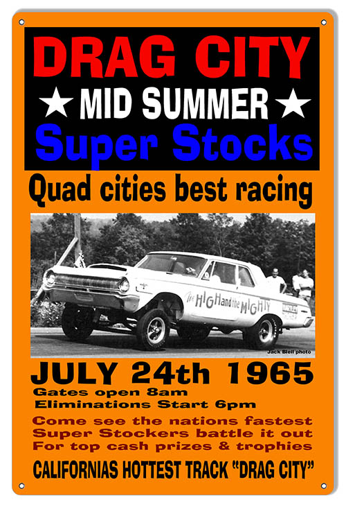 Drag City Super Stocks July 1965 Vintage Style Metal Sign 12 × 18