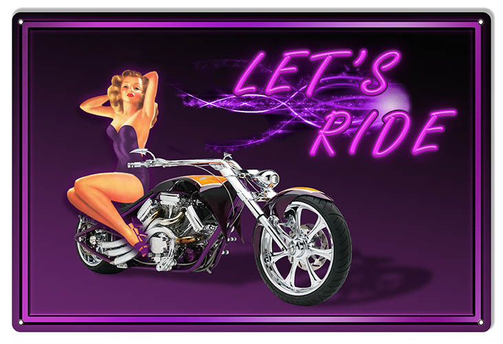 Lets Ride Motorcycle Pin Up Girl 12×18