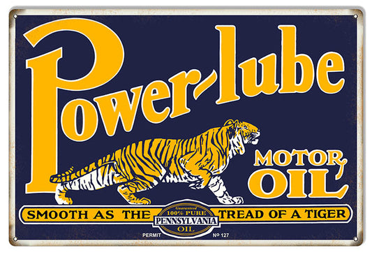 Power Lube Tiger Motor Oil Gas Station Vintage Style Metal Sign 12 × 18