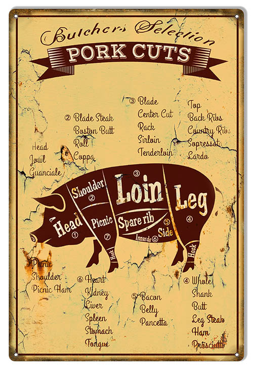 Butcher Selection Pork Cuts Country Vintage Style Metal Sign 12 × 18