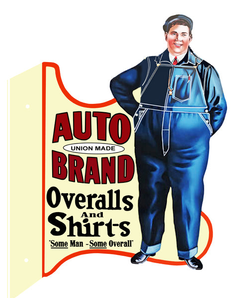 Auto Brand Overalls Double Sided Flange Vintage Style Metal Sign 18 × 21