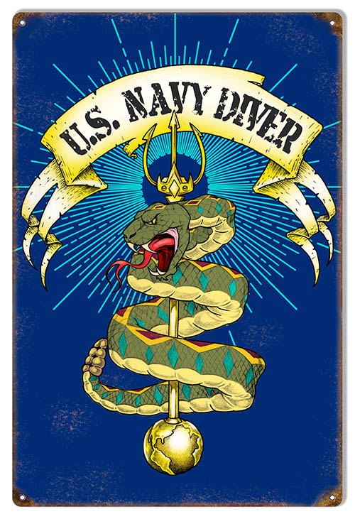 Snake U.S. Navy Divers Vintage Style Metal Sign 12 × 18