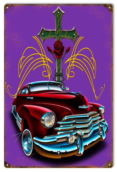 Red Rose Cross Hot Rod Vintage Style Metal Sign 12 × 18
