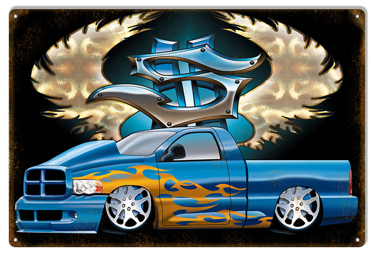 Sleek Blue Pick Up With Flames 12×18