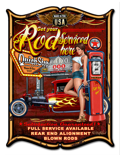 Pin Up Girl Get Your Rod Serviced Vintage Style Metal Sign 14 x 18