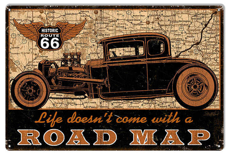 Route 66 Road Map Hot Rod Car 12×18