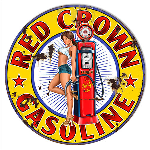 Red Crown Gasoline Pin Up Girl Motor Oil Vintage Style Metal Sign 14 x 14