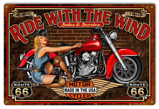 Motorcycle Pin Up Girl Route 66 Ride With The Wind 12×18