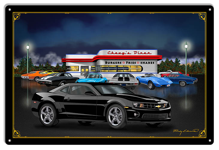 Chevys Diner Black Hot Rod 16×24