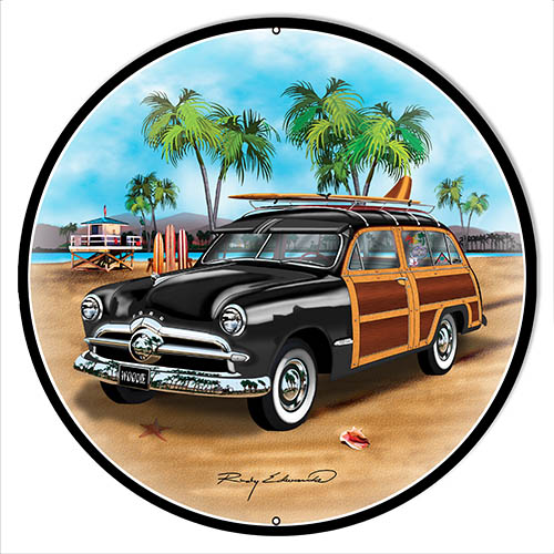Ford Woodie Black Vintage Style Metal Sign 14 x 14