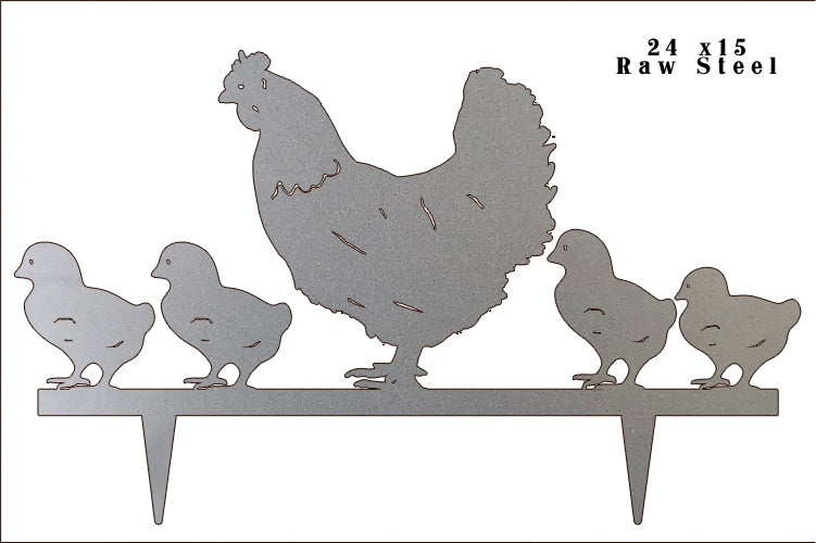 Hen With Chickens Raw Steel 15×24