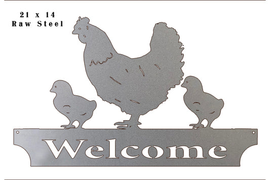 Hen Welcome Raw Steel Vintage Style Metal Sign 14 × 21