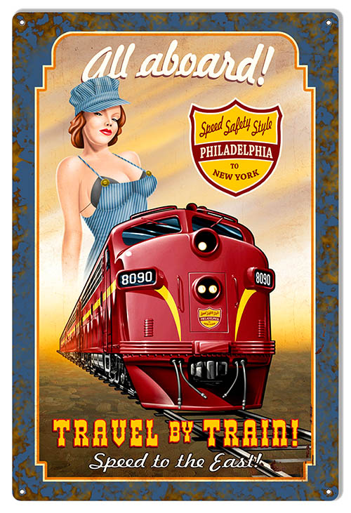 All Aboard Train Vintage Style Metal Sign 12 × 18
