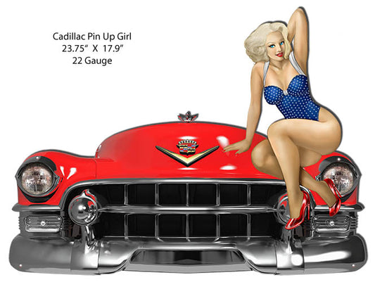Cadillac Front End Pin Up Girl Vintage Style Metal Sign 17 x 23