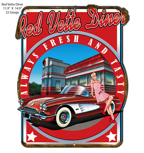 Corvette Red Vette Diner Pin Up Girl 11.9 x 14.9
