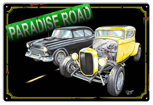 Racing Hot Rods On Paradise Road Vintage Style Metal Sign 12 × 18