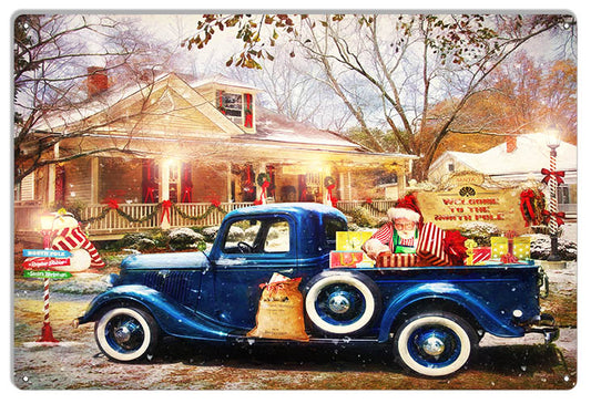 Classic Blue Ford Helping Santa Christmas Hot Rod Vintage Style Metal Sign 12 × 18