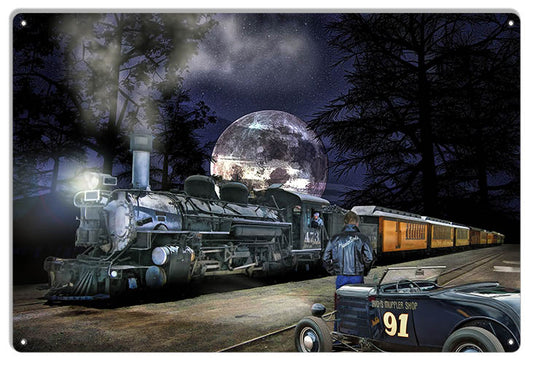Hot Rod Waiting On A Night Train Vintage Style Metal Sign 12 x 8