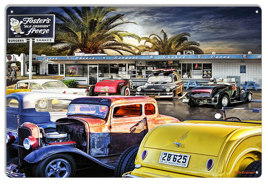 Classic Hot Rod Cars At Fosters Freeze Vintage Style Metal Sign 12 × 18