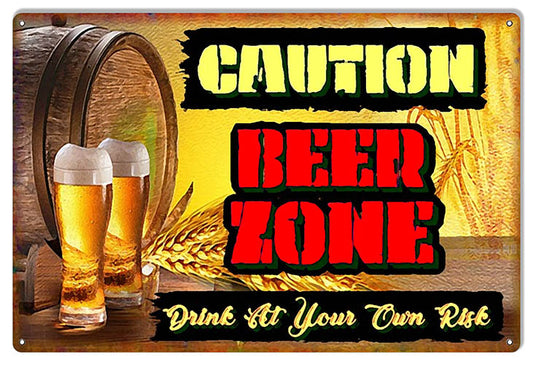 Caution Beer Zone Bar Vintage Style Metal Sign 12 × 18