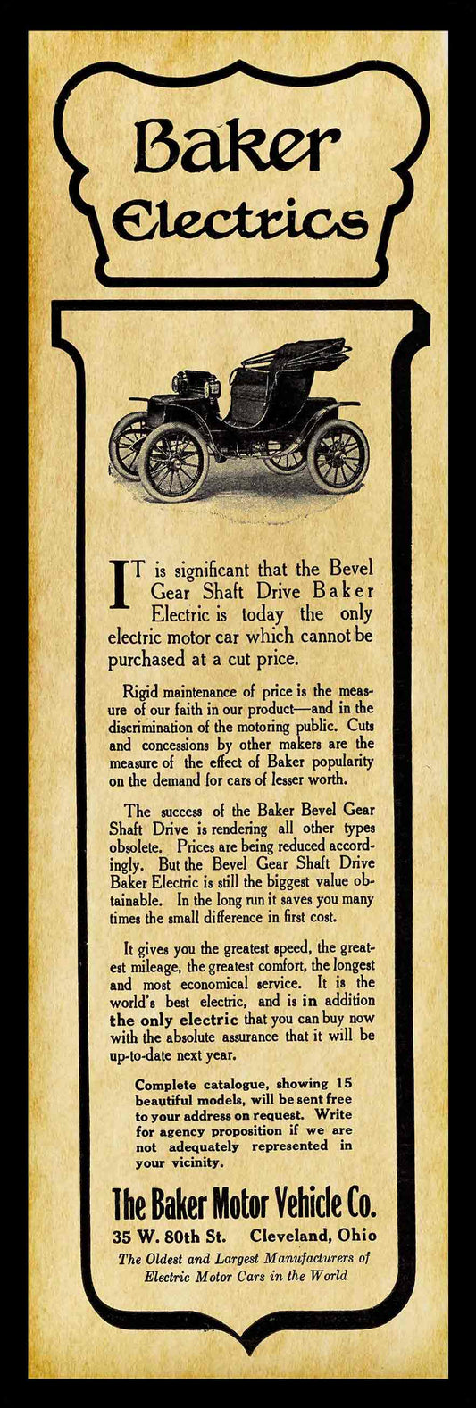 1911 BAKER ELECTRIC CARS 36 x 12