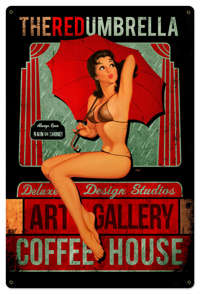 Red Umbrella Coffee Vintage Style Metal Sign 24 X 36