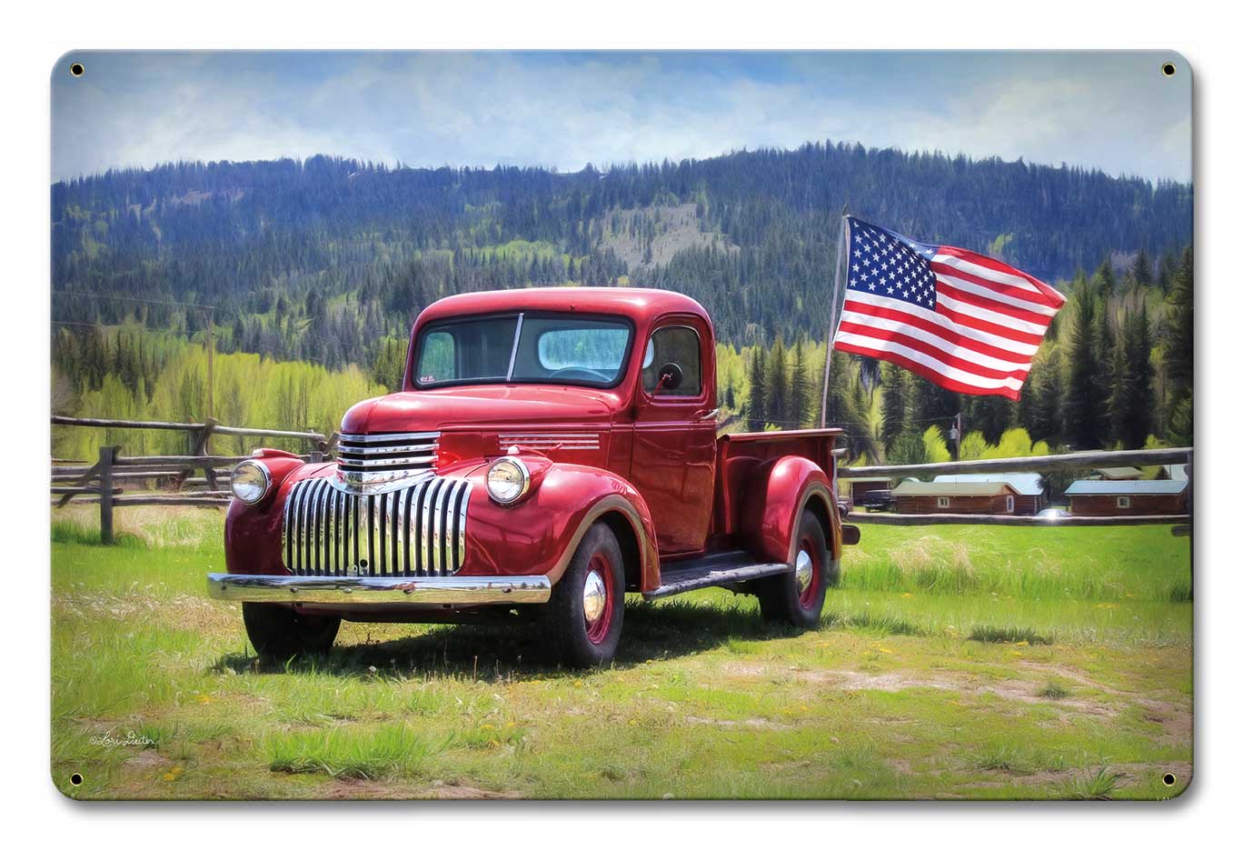 Red Truck American Flag 18 x 12