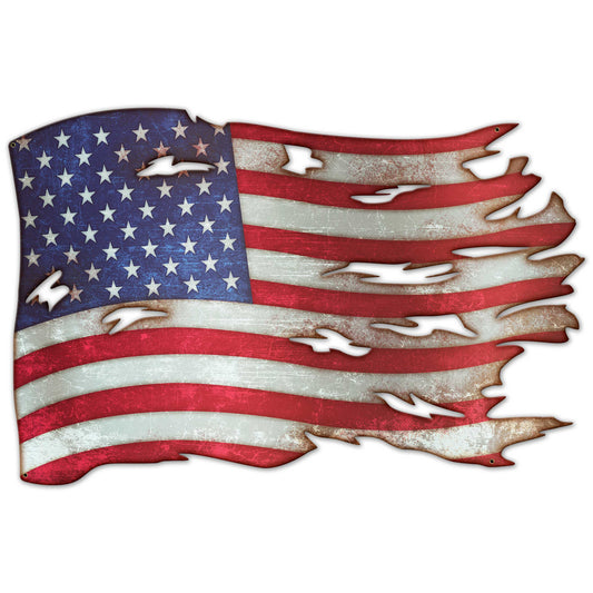 Tattered American Flag Vintage Style Metal Sign 42 X 28