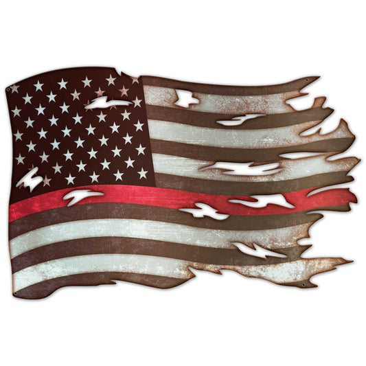 Red Line Tatthered Flag Vintage Style Metal Sign 42 X 28
