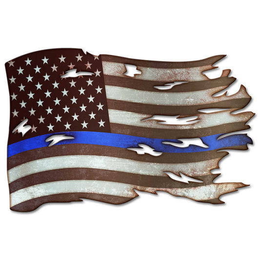 Blue Line Tattered Flag Vintage Style Metal Sign 24 x 16