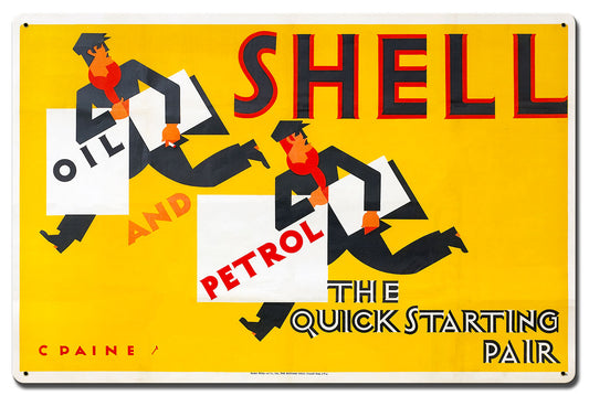 The Quick Starting Pair Shell Oil Two Men Vintage Style Metal Sign 24 X 16