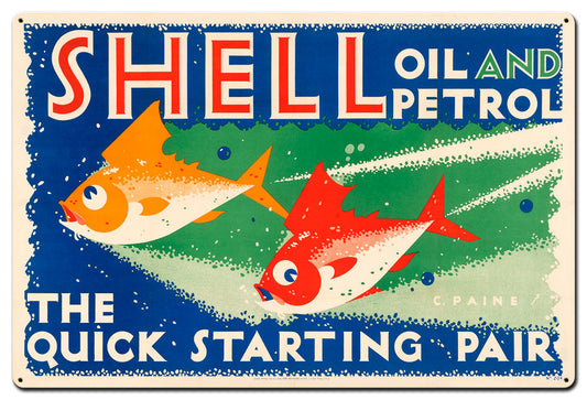 The Quick Starting Pair Shell Oil Fish Vintage Style Metal Sign 36 X 24