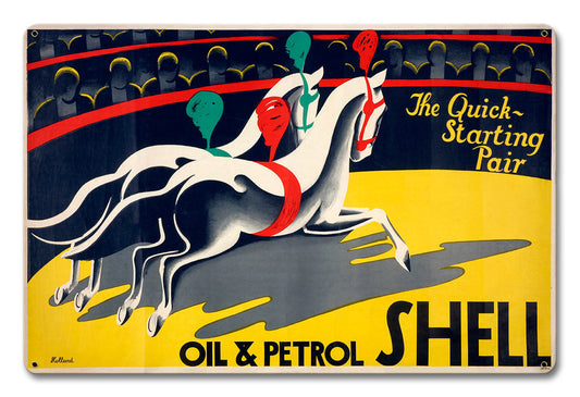 The Quick Starting Pair Shell Oil Circus Horses Vintage Style Metal Sign 18 X 12