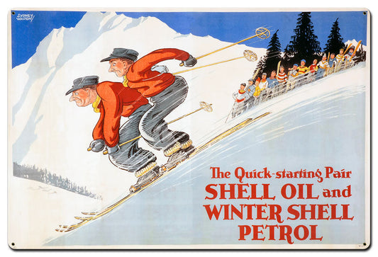 The Quick Starting Pair Shell Oil Ski Vintage Style Metal Sign 36 X 24