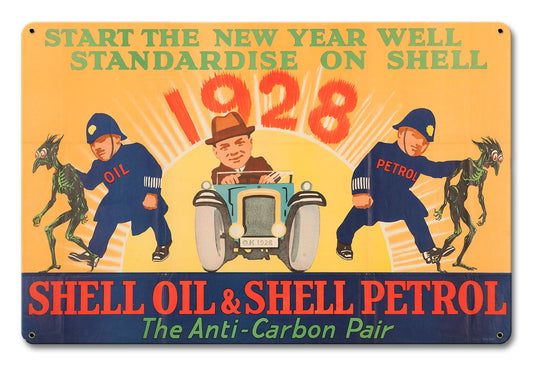 Shell Oil Petrol Fight Carbon Anti-Carbon Pair Vintage Style Metal Sign 18 X 12