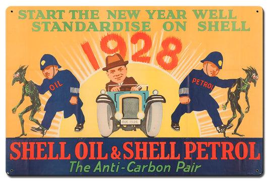 Shell Oil Petrol Fight Carbon Anti-Carbon Pair Vintage Style Metal Sign 24 X 16