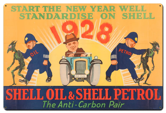 Shell Oil Petrol Fight Carbon Anti-Carbon Pair Vintage Style Metal Sign 36 X 24
