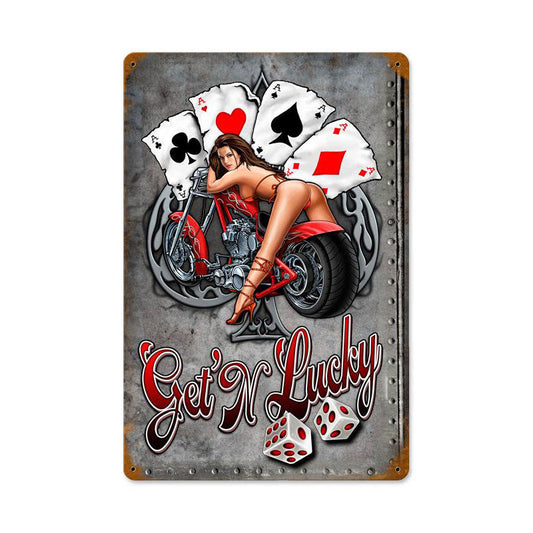 Gettin Lucky Bike Vintage Style Metal Sign 12 x 18
