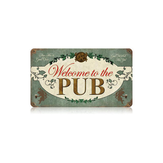 Welcome Pub Vintage Style Metal Sign 14 x 8