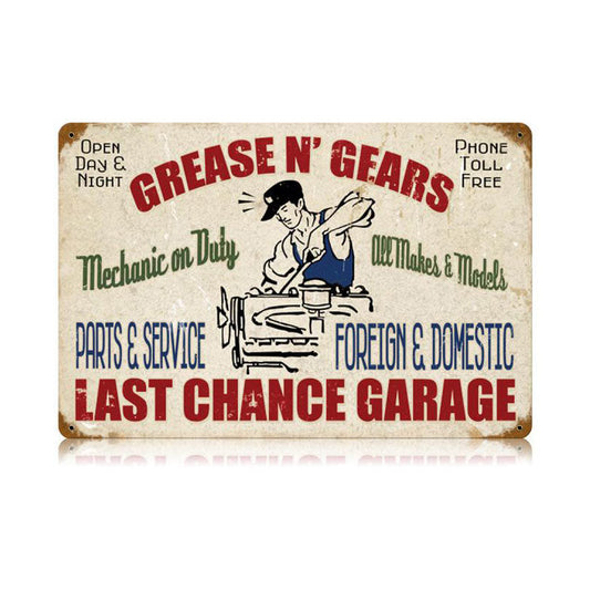 Grease Gears Garage Vintage Style Metal Sign 18 x 12