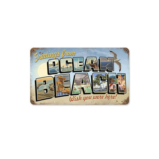 Ocean Beach Postcard Vintage Style Metal Sign 8 x 14